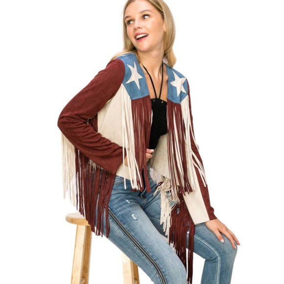 VOCAL APPAREL Fringe Ultrasuede Cropped American Flag Western Jacket S-XL NWT - Picture 1 of 12